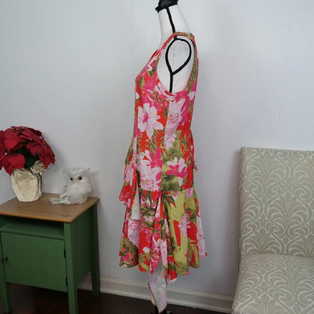 N Natori Asymmetrical Ruffle Tropical Dress Medium Size 8 NWOT Floral - Picture 10 of 11